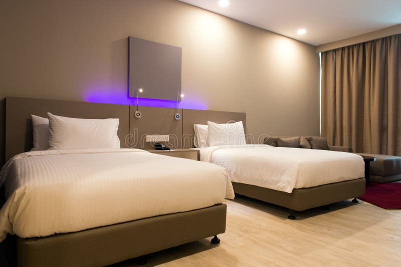 Twin bed in hotel bedroom stock photo. Image of honeymoon 94842570