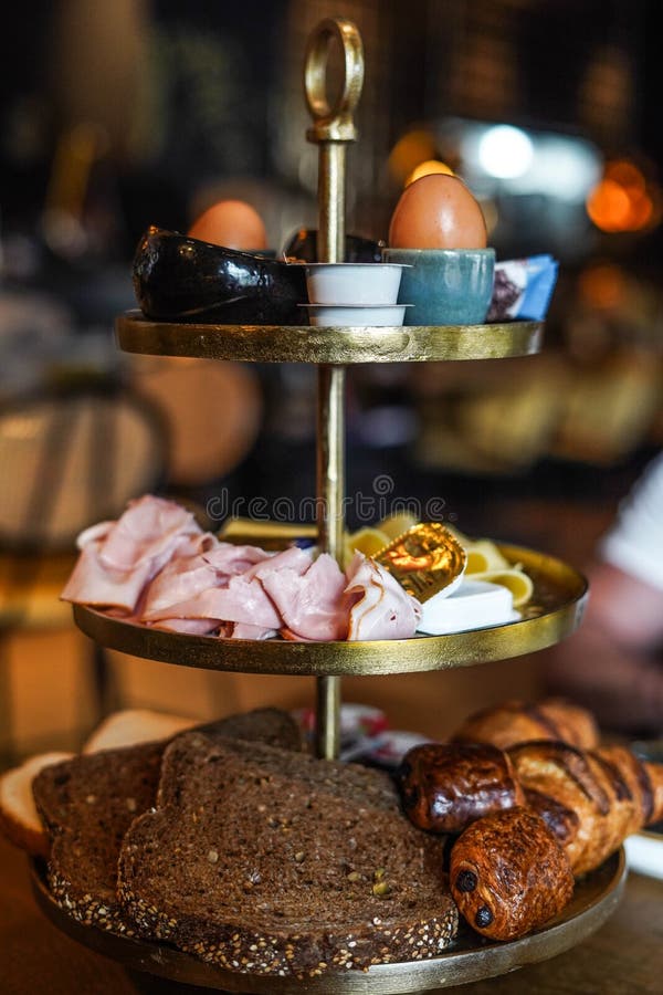 Hotel Breakfast Presented in a Tower with Three Levels Stock Photo