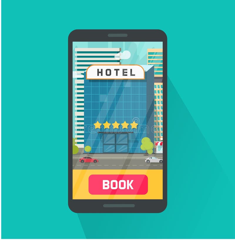 Hotel de la reservación vía el ejemplo del vector del teléfono móvil, smartphone plano con el hotel de 5 estrellas en ciudad en l stock de ilustración Hotel de la reservación vía el ejemplo del vector del teléfono móvil, smartphone plano con el hotel de 5 estrellas en ciudad en l stock de ilustración