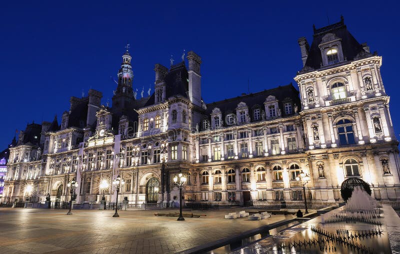 The City Hall of Paris at Night - France, France. Stock Image - Image ...