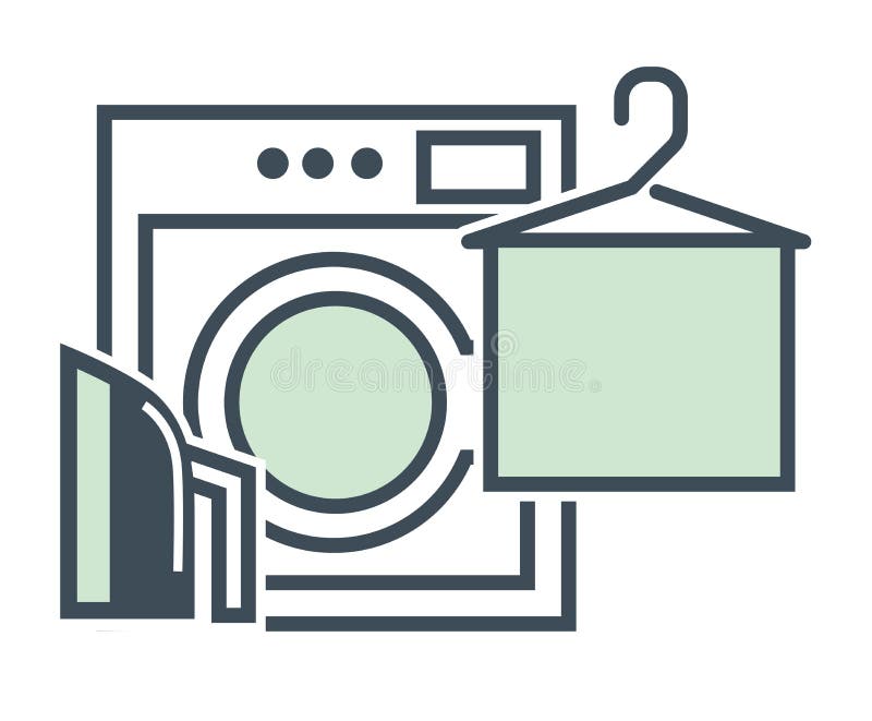 Laundry service or hotel dry cleaners isolated icon vector. Clothes washing and ironing, washer and iron, cloth on rack. Cleaning clothing, laundromat emblem or logo, hygiene maintenance. Laundry service or hotel dry cleaners isolated icon vector. Clothes washing and ironing, washer and iron, cloth on rack. Cleaning clothing, laundromat emblem or logo, hygiene maintenance