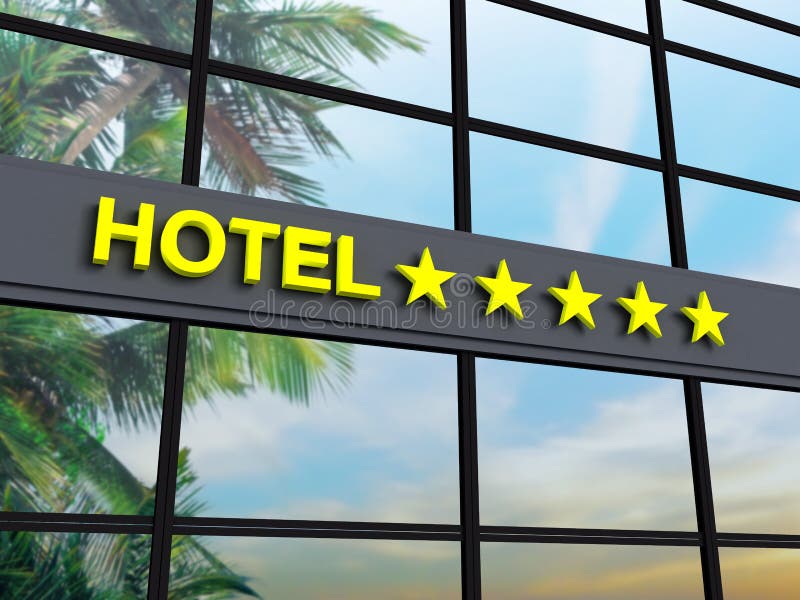 Detail of a five stars hotel with reflecting sky and palm trees. Detail of a five stars hotel with reflecting sky and palm trees