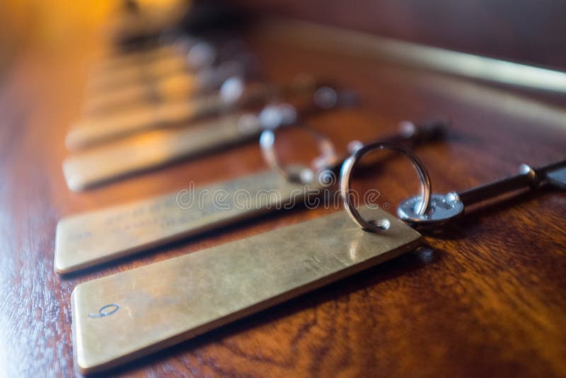 Hotel keys with tags stock photo