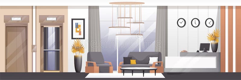 Hotel lobby and reception area background. Room with desk, armchair, sofa, table with computer, elevator vector