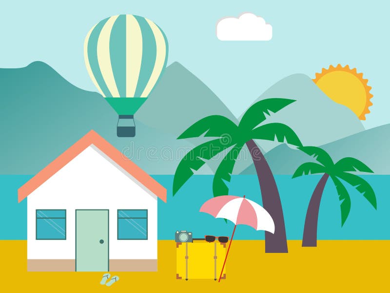 Hotel op het strand Toevlucht op het Overzees Tropische bergen landsc stock illustratie Hotel op het strand Toevlucht op het Overzees Tropische bergen landsc stock illustratie