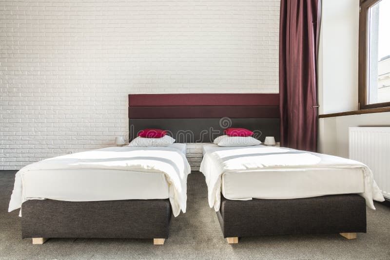 Two Single Beds in Green Hotel Room Stock Photo Image of bedroom