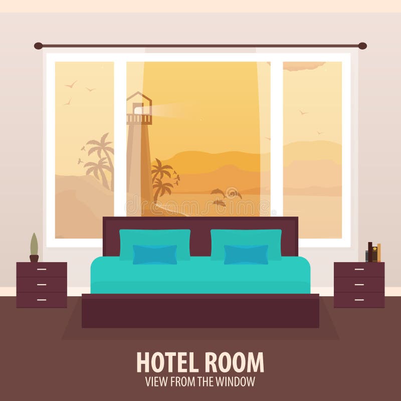 Hotel Room. View from the Window. Travelling Nad Trip. Vector Flat Illustration. Stock