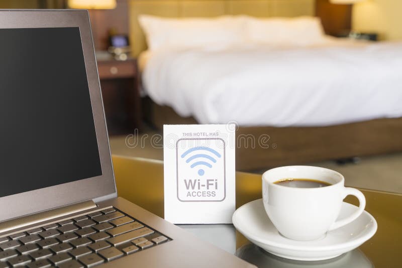 Hotel room with wifi access sign stock image