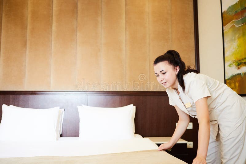 Hotel Service. Made Making Bed in Room. Stock Photo Image of horizontal, making 86663396