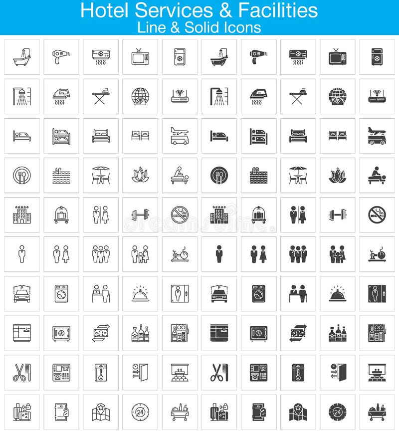 Hotel services and facilities line and solid icons set, outline