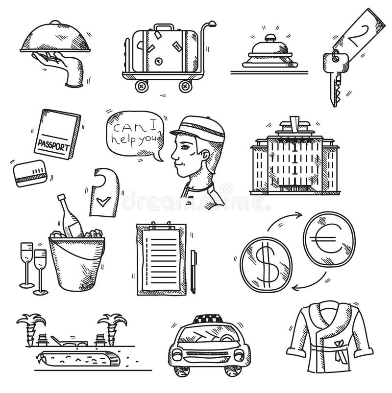 Hotel Services icons doodle hand drawn style