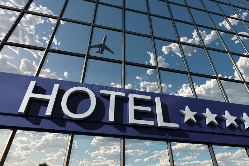 Sign hotel on a cloudy sky. Aircraft arrival sign illustrations
