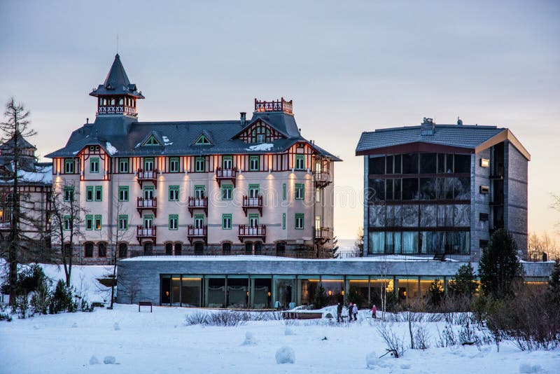 Hotel in Strbske pleso, High Tatras, Slovak republic, sunset scene