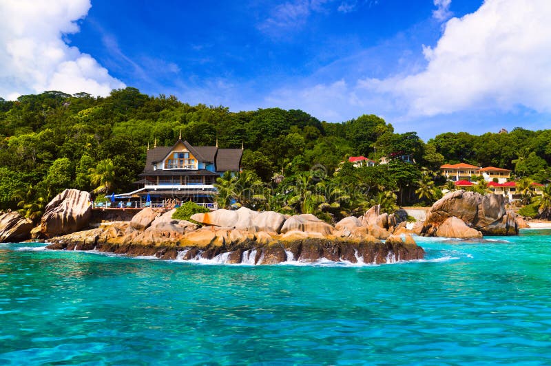 Hotel at tropical beach, La Digue, Seychelles