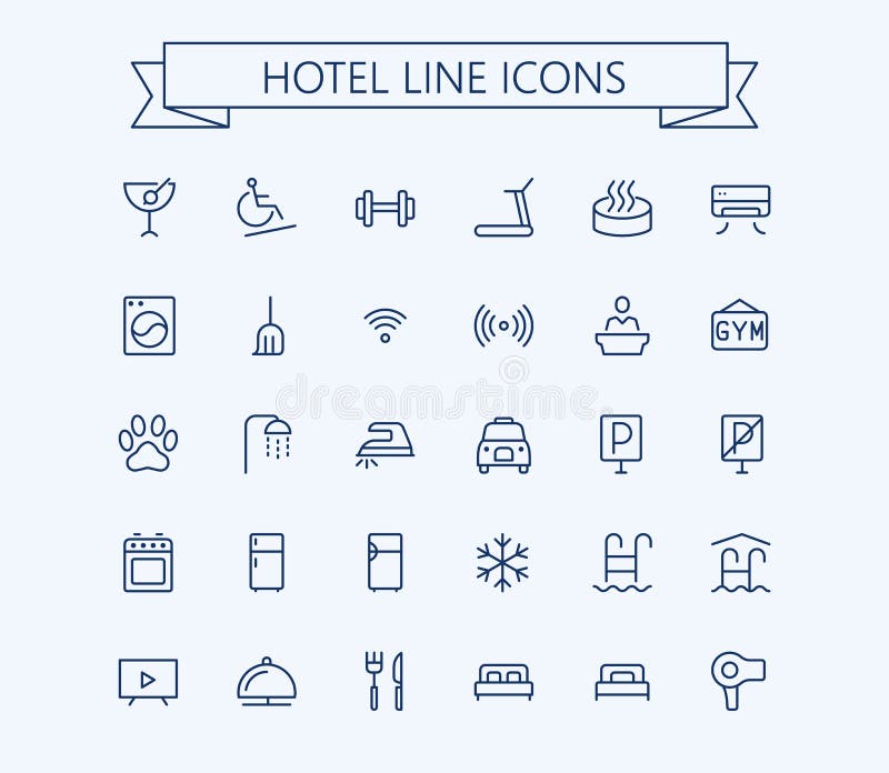 Hotel vector icons set. Thin line outline 24x24 Grid. Pixel Perfect royalty free illustration