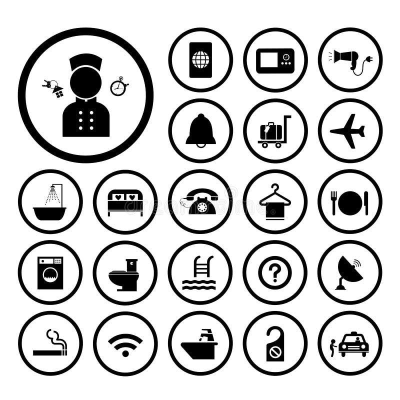 Hotel y sistema del icono del viaje ilustración del vector Hotel y sistema del icono del viaje ilustración del vector