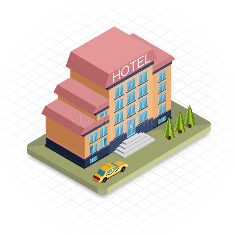 Hotellbyggnad Isometrisk designsymbol för PIXEL 3d vektor illustrationer Hotellbyggnad Isometrisk designsymbol för PIXEL 3d vektor illustrationer