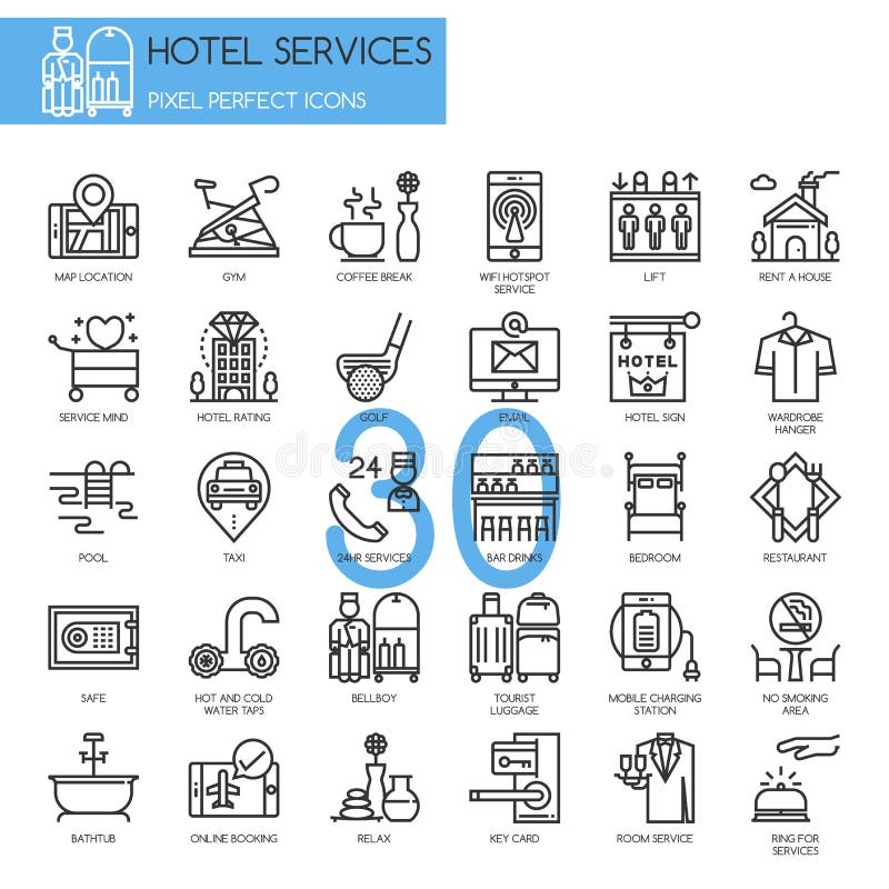 Hotellservice, tunn linje symbolsuppsättning royaltyfri illustrationer Hotellservice, tunn linje symbolsuppsättning royaltyfri illustrationer