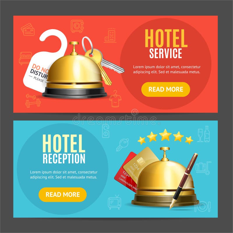 Hotelowego przyjęcie usługa sztandaru Horyzontalny set z Realistycznymi Szczegółowymi 3d elementami wektor royalty ilustracja Hotelowego przyjęcie usługa sztandaru Horyzontalny set z Realistycznymi Szczegółowymi 3d elementami wektor royalty ilustracja