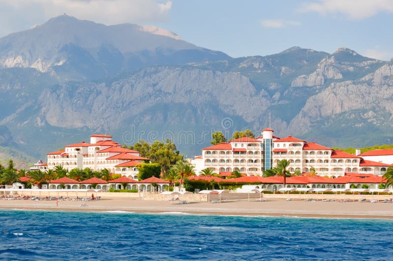 Hotels on seaside of south Turkey and Tahtali mountain near Kemer, Turkey