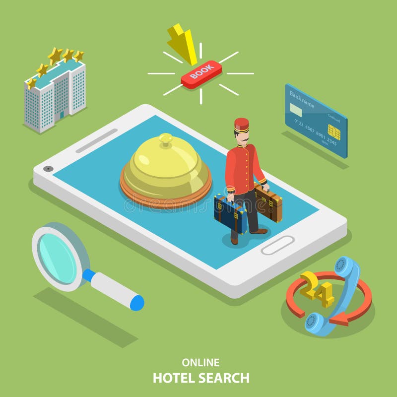 Hotelsuchonline flaches isometrisches Vektorkonzept stock abbildung Hotelsuchonline flaches isometrisches Vektorkonzept stock abbildung