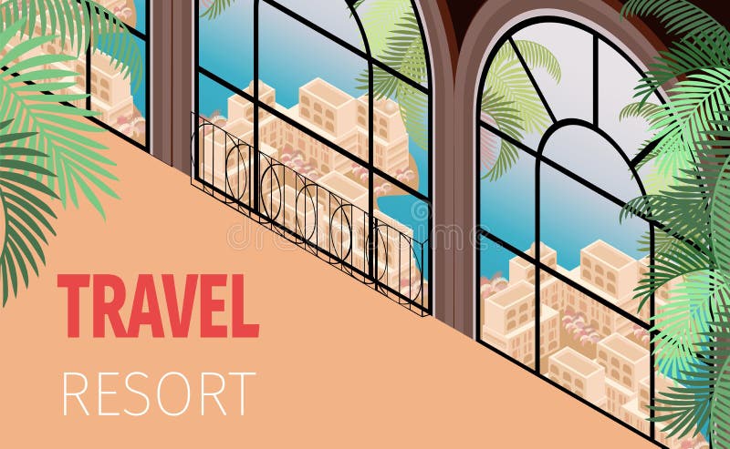 Hotelu W Kurorcie budynku okno z Pięknym widokiem royalty ilustracja Hotelu W Kurorcie budynku okno z Pięknym widokiem royalty ilustracja
