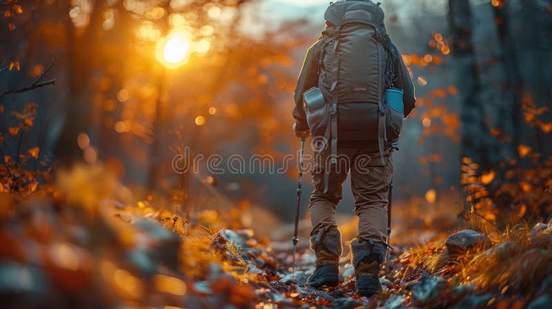 Hotenturous hiker med ryggsäck och promenadspak utforskar de stora utomhusen stock illustrationer