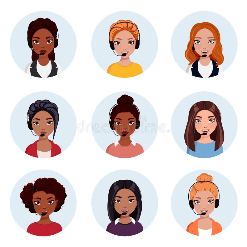 Hotline Call Center Women Support. Office Workers in Headphones with