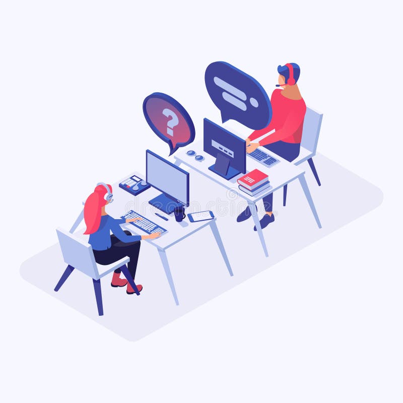 Hotline office workers vector isometric illustration. Call center operators, chat manager in headset at workplace. Call center operators in headset at workplace, consultant managers 3d cartoon characters. Email, live support assistance.