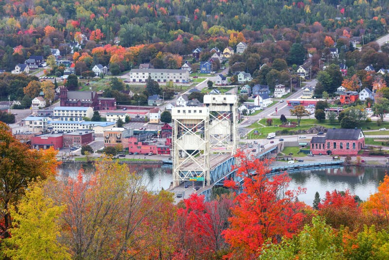 Houghton, MI, USA - Oct 3,2020:The Portage Lake Lift Bridge connects the cities of Hancock and Houghton, was built in 1959