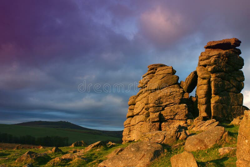 Magenta clouds drift over Hound Tor on Dartmoor in Devon UK as the rocks are bathed in the golden glow of the rising sun.