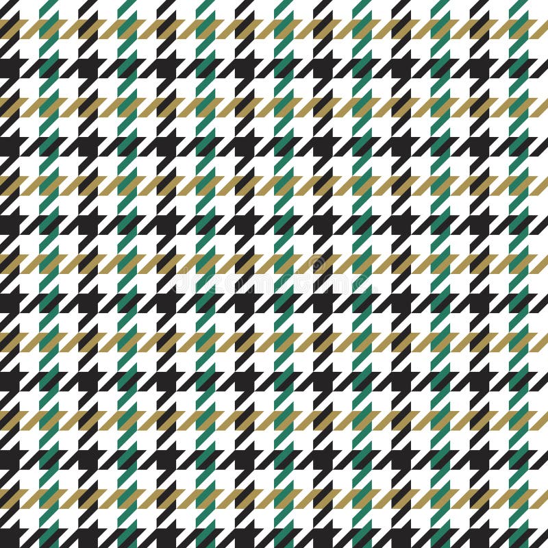 Houndstooth pattern vector in black, green, gold, white. Seamless dog tooth plaid.