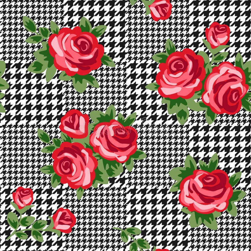 Vector houndstooth seamless black and white pattern with red retro roses stock illustration Vector houndstooth seamless black and white pattern with red retro roses stock illustration