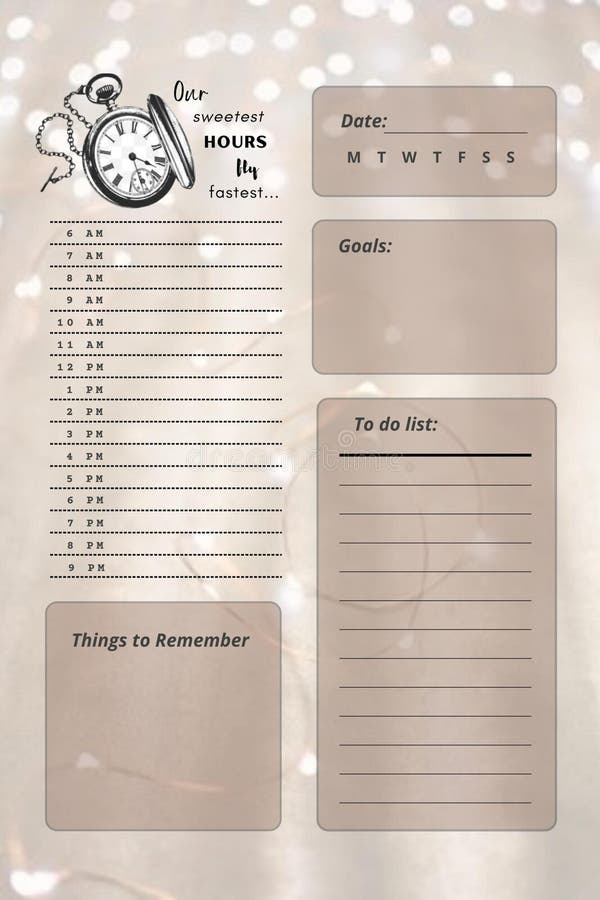 Hour planner digital printable blank template insert vector illustration