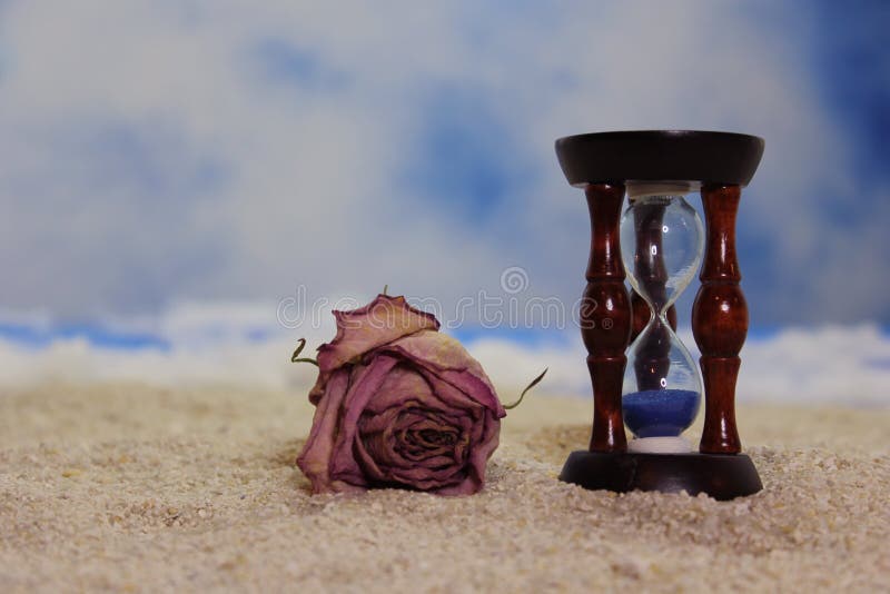 Hourglass on Beach With Dried Pink Rose stock photos