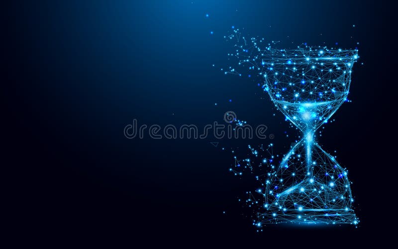 Hourglass icon from lines and triangles, point connecting network on blue background vector illustration