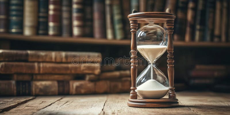 Hourglass placed on a wooden table with antique books in the background, symbolizing the passage of time and the royalty free stock images
