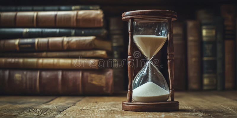 Hourglass placed on a wooden table with antique books in the background, symbolizing the passage of time and the royalty free stock images