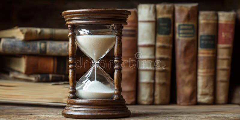 Hourglass placed on a wooden table with antique books in the background, symbolizing the passage of time and the stock images