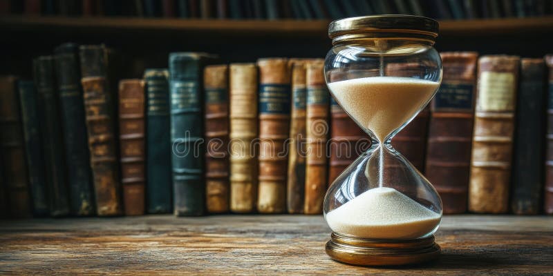 Hourglass placed on a wooden table with antique books in the background, symbolizing the passage of time and the royalty free stock photos