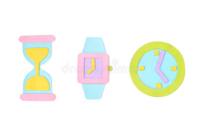 Hourglass, watch and clock paper cut on white background - isolated. Hourglass, watch and clock paper cut on white background - isolated