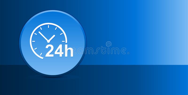 24 hours clock icon glassy modern blue button abstract background