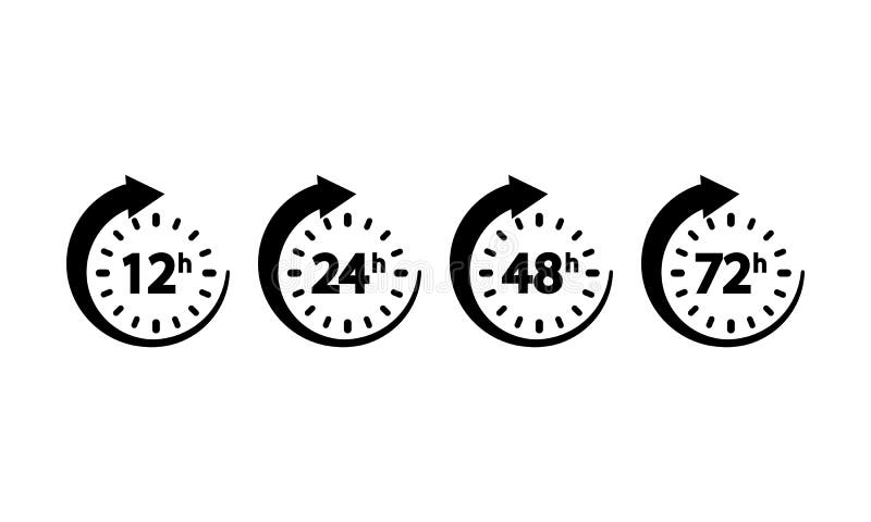 12, 24, 72, 48 hours clock icon set on an isolated white background. EPS 10 vector