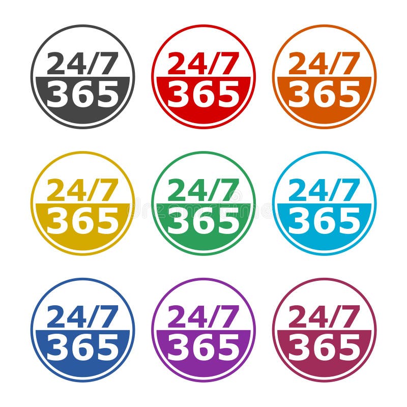 24 7 hours and 365 days icon, color set