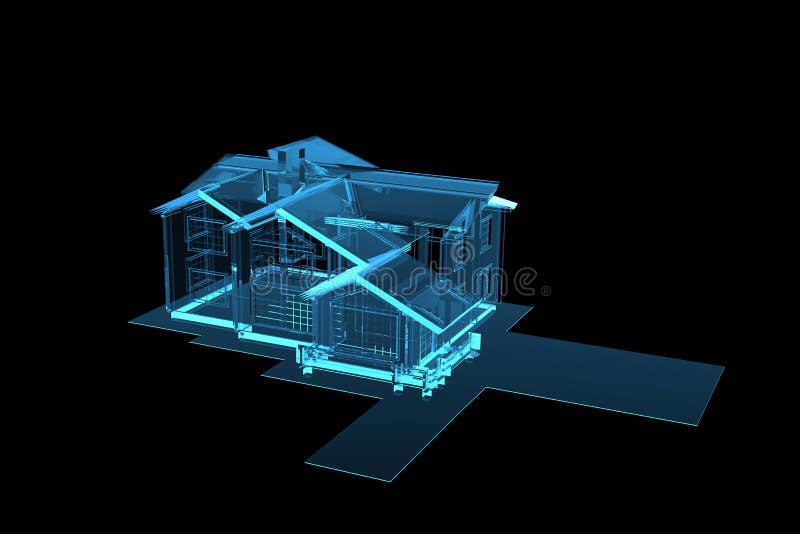 House 3D rendered xray blue