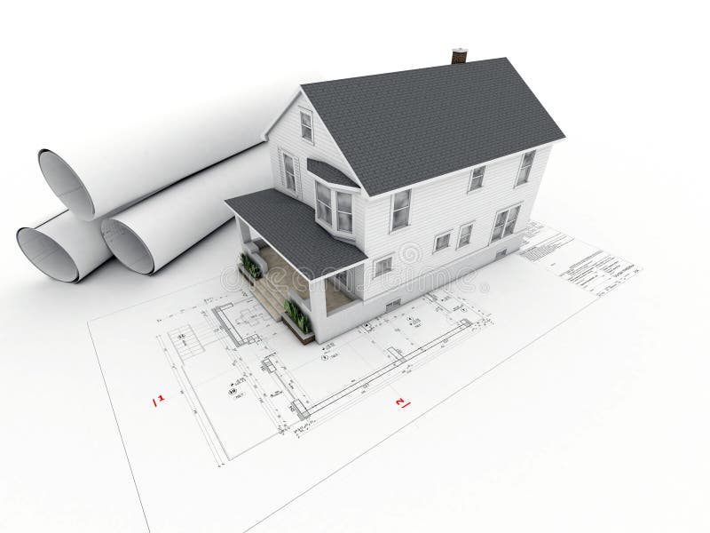 House on architectural drawing with rolled pages vector illustration