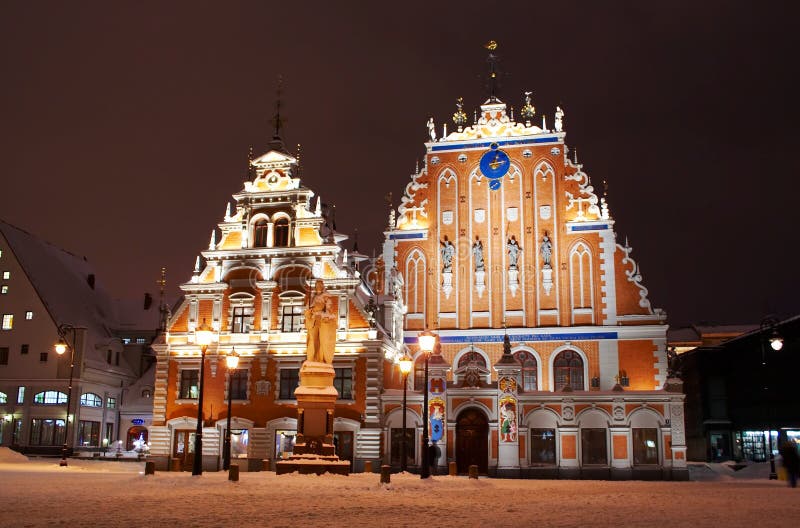 Night view of house of black-headed in Riga