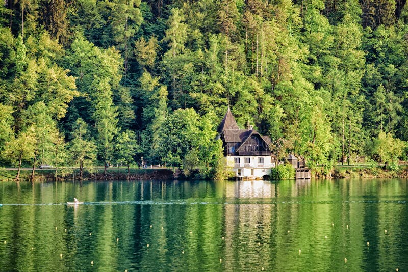 Lake Bled Slovenia. Beautiful Mountain Lake With Beautiful House Stock