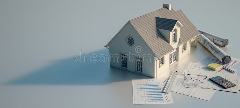 House with blueprints, charts, mortgage application form, budget and calculator royalty free illustration