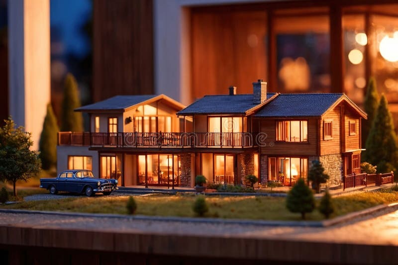 House and building architecture models placed on a blueprint Model photo